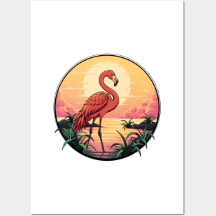 sunset flamingos Posters and Art